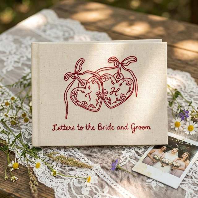 Personalized Letters to the Bride and Groom Book, Hand Embroidered Linen Wedding Guest Book, Custom Heart Locket Memory Journal