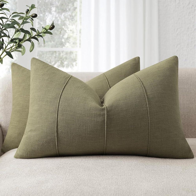Christmas Linen Throw Pillow Covers 12x20 Set of 2 Solid handcrafted Striped Cushion Covers for Bed Soft Xmas Decorative lumbar Pillow Covers for Couch Bedroom Living Room Christmas Decor(Olive Green)