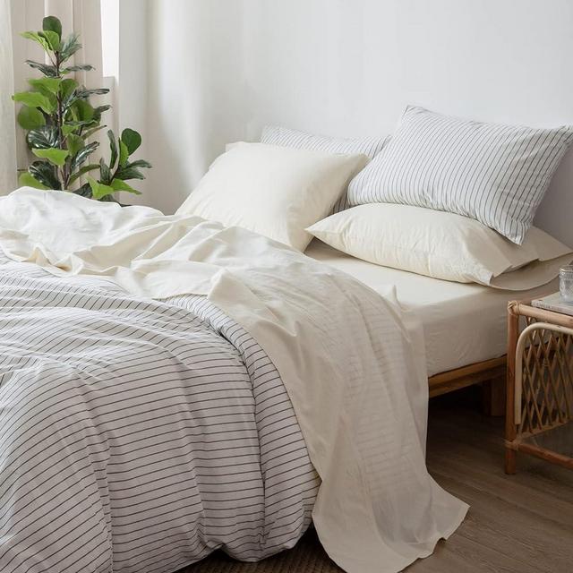 MooMee Bedding Sheet Set 100% Washed Cotton Linen Like Textured Breathable Durable Soft Comfy (Cream White, King)