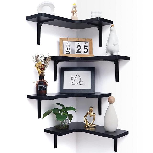 Marsmiles Corner Floating Shelves Set of 4 | Corner Wall Shelves | Wall Mounted Corner Storage Display Shelving for Bathroom, Bedroom, Living Room, Kitchen | 16" W x 11-2/5" D | L-Shaped, Black