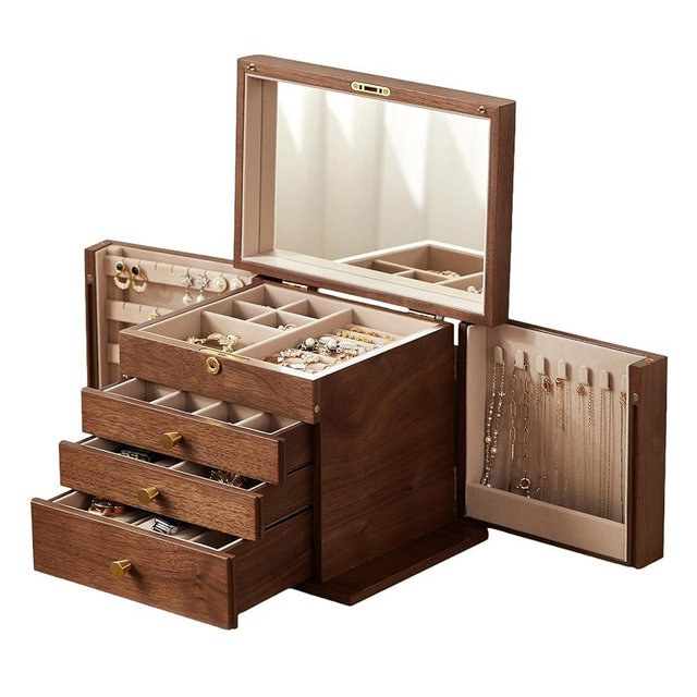 CHOSIN Black Walnut Wooden Jewelry Box, 4 Layer Lockable Wood Jewelry Organizer with Mirror, Side Doors & Brass Handle, Classical Design for Rings, Necklaces, Earrings, Mothers Day Gifts for Mom