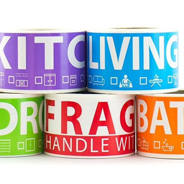 250 Home Moving Labels for 1 Bedroom House. 50 Labels Per Room, 5 Color Coded Label Rolls. Fragile Label Included. For Moving Boxes, Moving Supplies, Wardrobe Boxes, Apartment Sticker