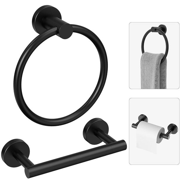 Evolvegoods Matte Black Toilet Paper Holder Wall Mount & Towel Holder, Bathroom Hardware Set-SUS304 Stainless Steel Double Post Pivoting Tissue Roll Holder and Hand Towel Ring Set for Bathroom, RV