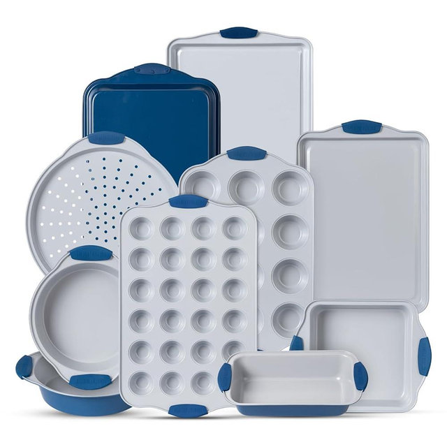 Country Kitchen 10-Piece Nonstick Stackable Bakeware Set - PFOA, PFOS, PTFE Free Baking Tray Set w/Non-Stick Coating, 450°F Oven Safe, Round Cake, Loaf, Muffin, Wide/Square Pans, Cookie Sheet (Navy)