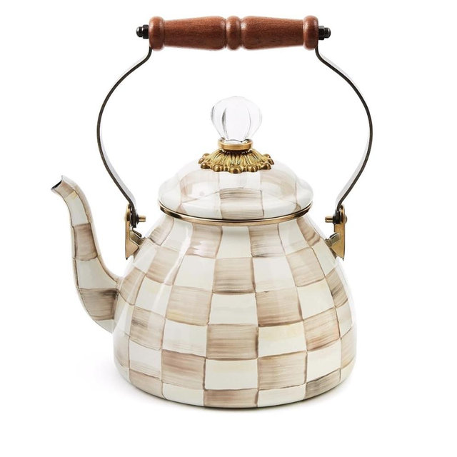 MACKENZIE-CHILDS Enamel Tea Kettle, Stylish Tea Kettle for Stovetop, Brown-and-White Mocha Check, 2 Quarts