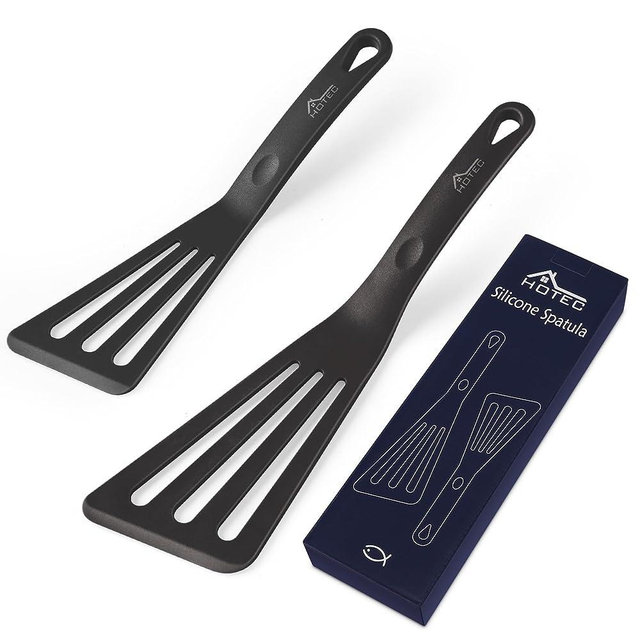 HOTEC Heat Resistant Silicone Slotted Fish Turner Spatula Set Flipper Spatulas for Cooking Non Stick Cookware Strong Dishwasher Safe Black