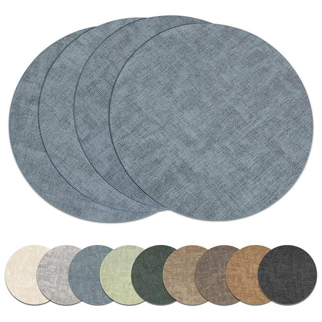 13" Round Placemats Set of 4, Reversible Faux Leather Heat Resistant Table Mats, Waterproof Oilproof Wipeable Table Protective Placemats for Vinyl, Washable for Indoor & Outdoor Use (4, Light Blue)