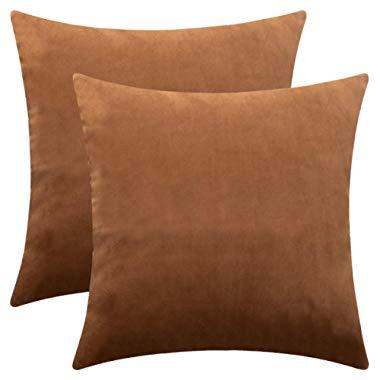 DEZENE Throw Pillow Covers, 2 Pack Super Soft Velvet Decorative Pillow Cases, Luxury Accent Rectangular Pillowcases, Square Cushion Covers for Farmhouse,Couch,Sofa, 18 x 18 Inch, Coffee