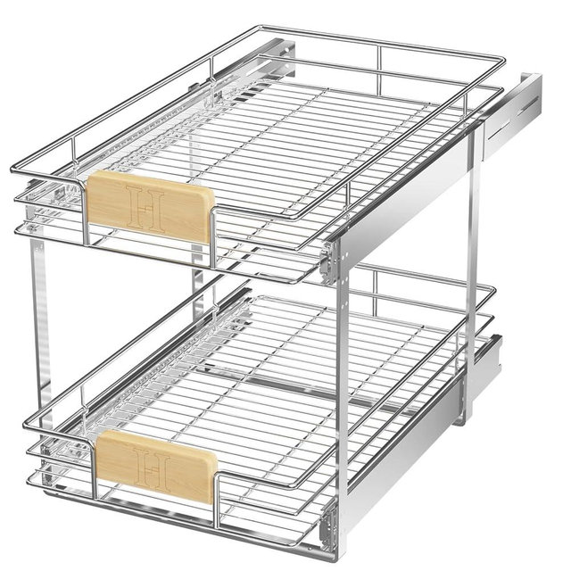 LOVMOR 2 Tier Pull Out Cabinet Organizer 16½" W x 21½" D, Slide Out Drawers with Wooden Handle, Sliding Shelves Organization and Storage for Kitchen, Pantry