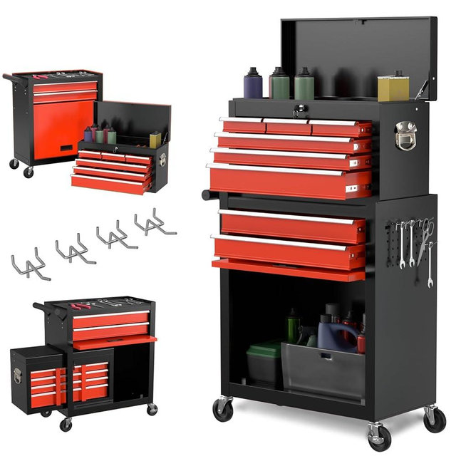 Granper 8-Drawer Tool Chest with Wheels, Movable Rolling Tool Cabinet for Workshop, Garage and Repair Room (Black & Red)