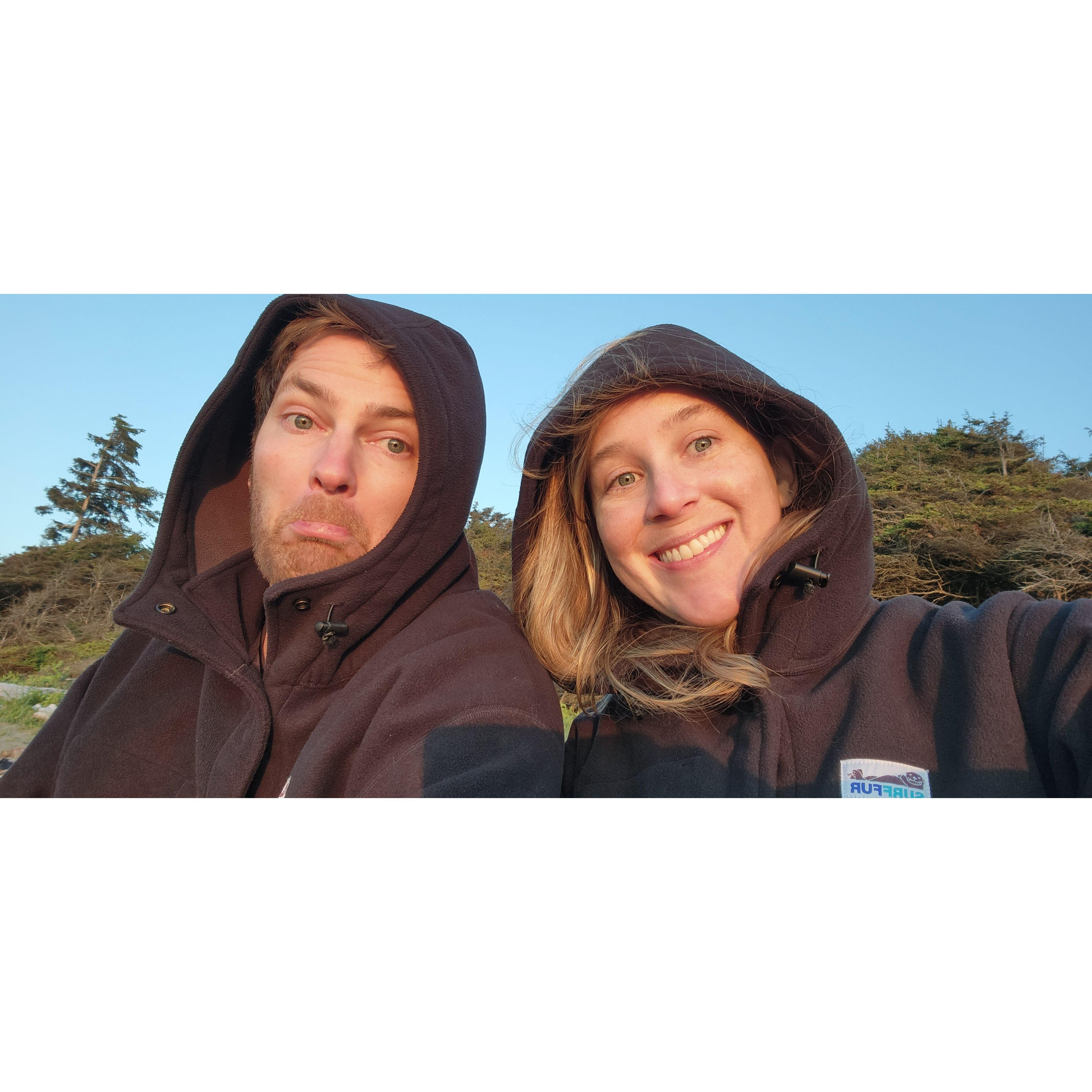 Enjoying a chilly PNW day on a beach in Tofino, BC