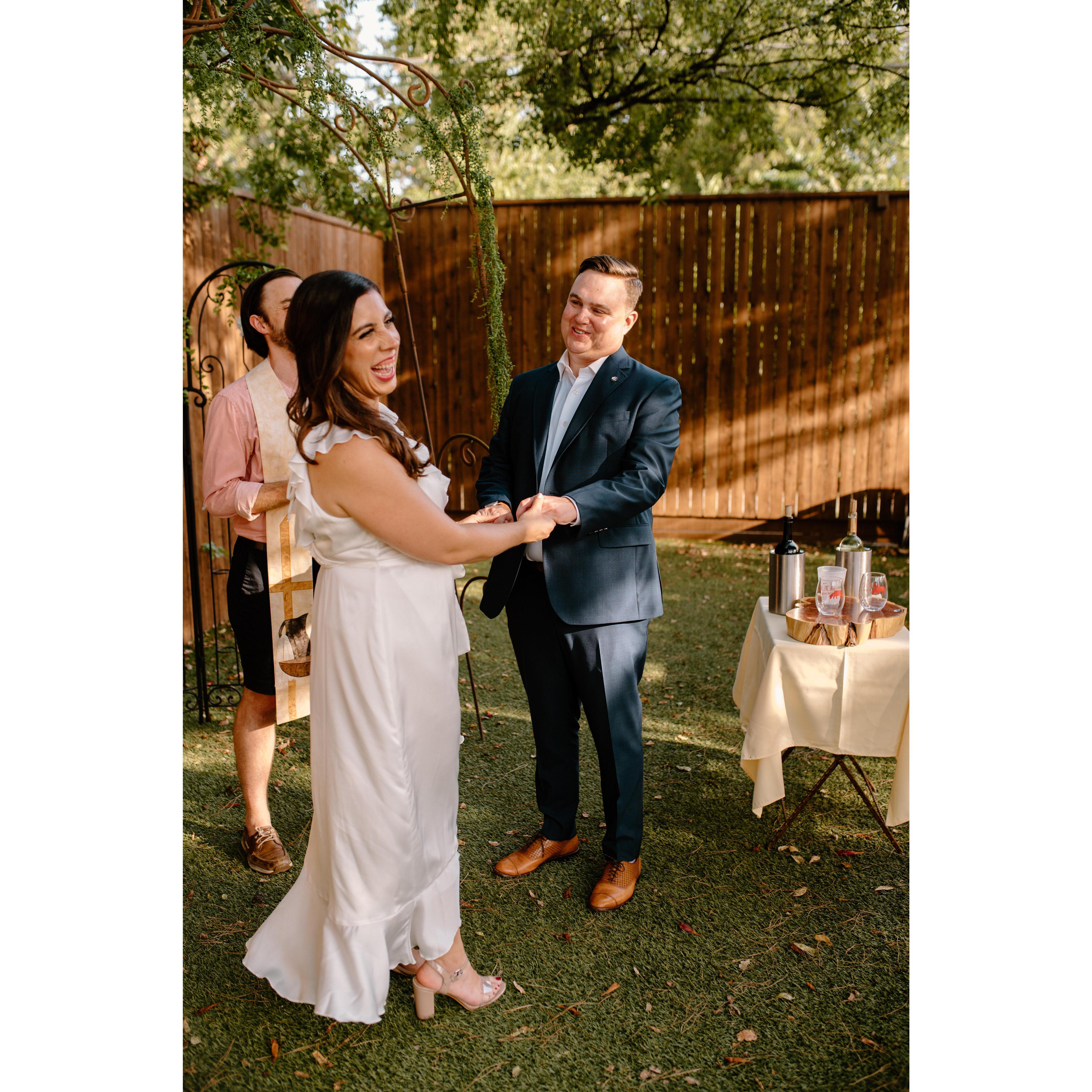 Our elopement ceremony, height of the pandemic in 100 degree heat in Dallas. We were still happy and enjoying our special moment :)