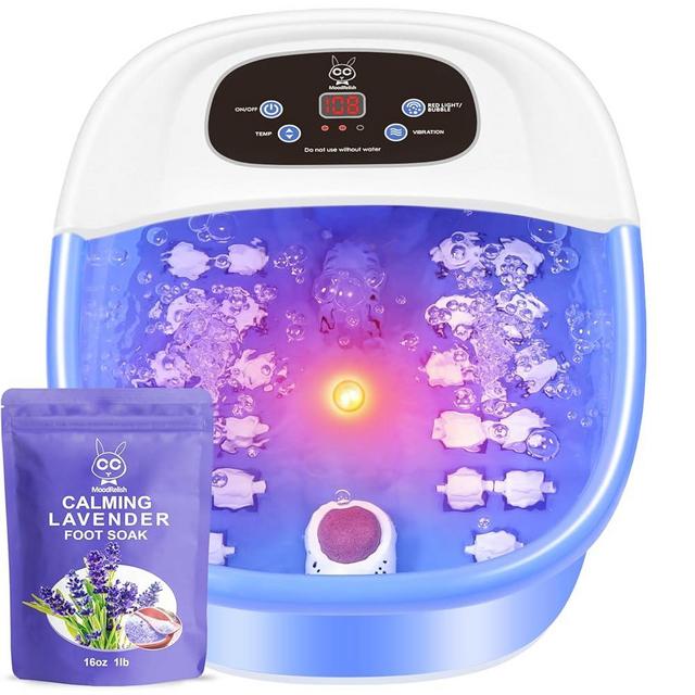 Foot Spa Bath Massager with Heat Bubbles and Vibration Massage and Jets, 16 OZ Calming Lavender Foot Soak Epsom Salt, Foot Soaker with Red Light, 22 Massage Rollers, Adjustable Temp - Blue