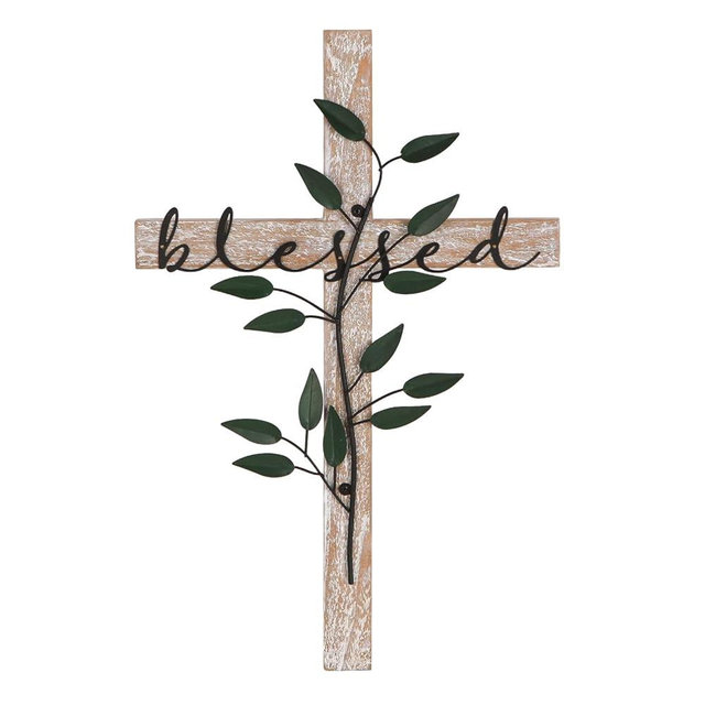 NIKKY HOME Wall Cross, Rustic Wooden Cross With Metal Leaves, Farmhouse Cross Decor, Bless Our Family Christian Decor Spiritual Religious Gifts