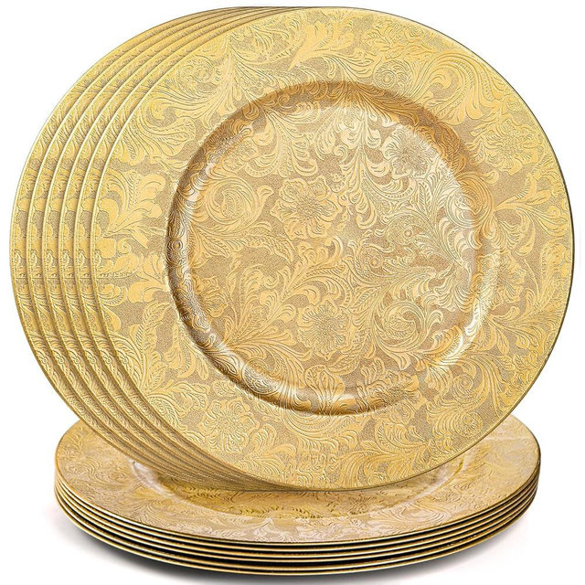 ZOOFOX 12 Pack Gold Charger Plates, 13" Plastic Round Antique Plate Charger for Dinner Plates, Floral Charger Plates for Wedding Dinner Party Table Setting Decor