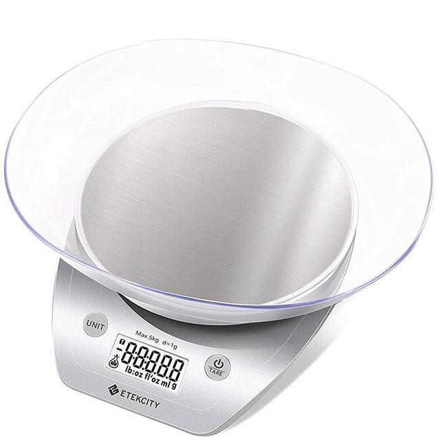 Etekcity Food Scale with Bowl, Digital Kitchen Weight Grams and Ounces for Cooking and Baking, 0.1g Increment, Large Backlit Display, Silver/Stainless Steel
