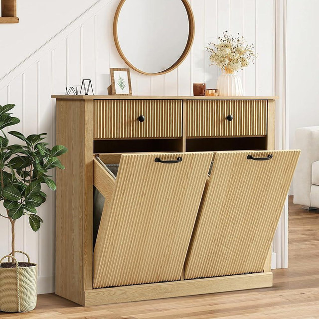 Grepatio Tilt Out Fluted Laundry Hamper Cabinet, 22 Gallon Double Hidden Laundry Hamper, Wooden Trash Can Cabinets with 2 Drawers, Modern Garbage Can Cabinet for Bathroom, Kitchen (Natural, Double)