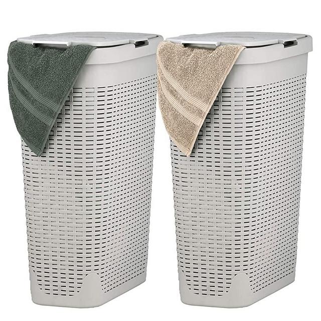 Superio Slim Laundry Hamper Beige 40 Liter (2 Pack) Durable Plastic Hamper Basket with Lid, Durable Washing Bin 1.15 Bushel, Narrow and Tall Basket Bathroom Storage Dirty Cloths Easy Use (Ivory)