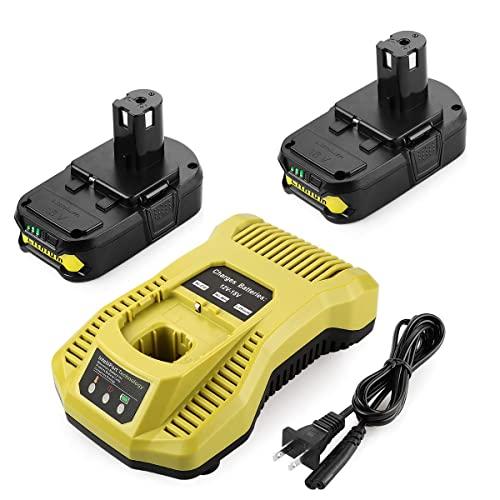 Energup 2Pack P102 Replacement Ryobi Battery 18V Lithium + Ryobi Charger for Ryobi 18v Lithium Battery 18V ONE + P108 P107 P104 P105 P102 P103 Tools Charger with 260051002 P117 P118 P113 BCL1418