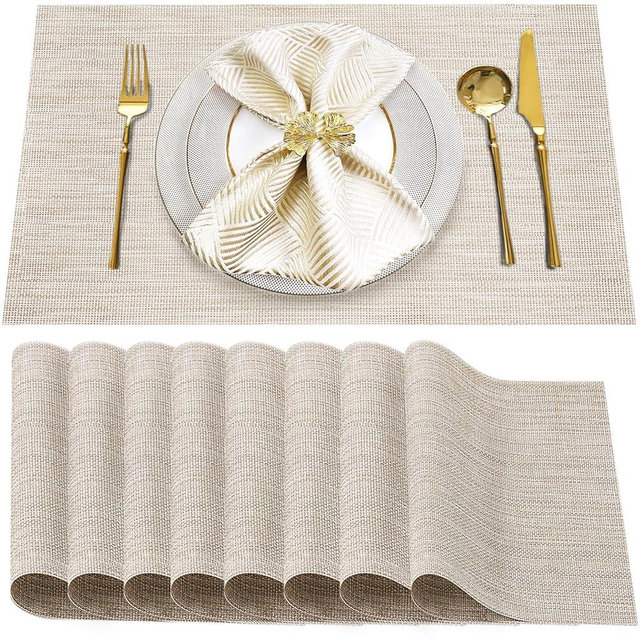 Uolr Table Mats Set of 8 Beige Washable& Wipeable Plastic Placemats for Kitchen Indoor Outdoor Heat Resistant Non Slip Woven Vinyl Table Placemats Protect Dining Table Place mats (Beige)