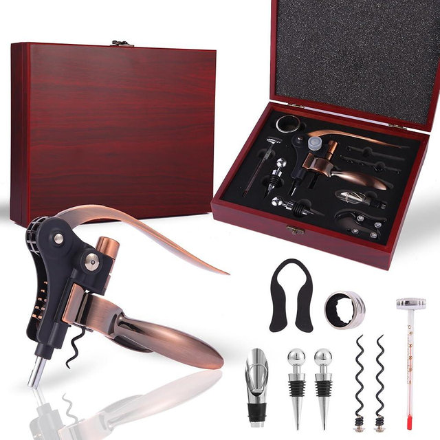 QONYFONE Rabbit Wine Opener Set with Wooden Case – 9 Piece Kit Includes Rabbit Corkscrew, Foil Cutter, Wine Pourer, Bottle Stopper, Easy Cork Removal, Great Gift for Wine Lovers, Bronze