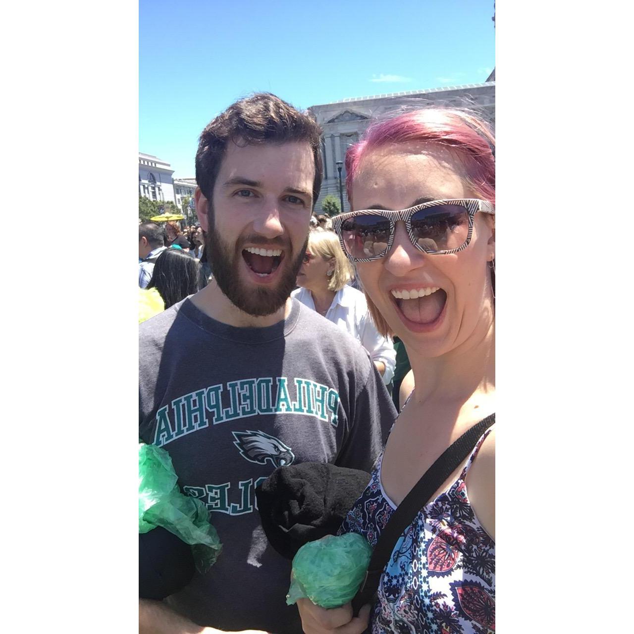 Did you know that Anna and Corey helped the SF Asian Art museum set a world record for the "largest human flower" in 2017? They wore ponchos with 2,403 other people in Civic Center Plaza.
