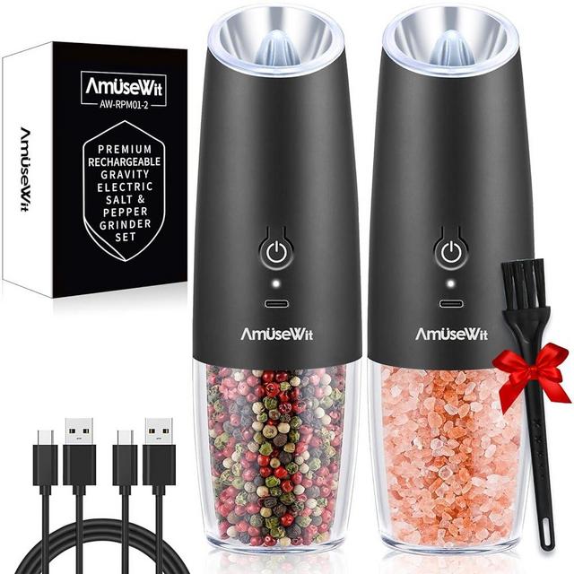 AmuseWit Gravity Electric Salt and Pepper Grinder Set [White Light] USB Rechargeable Automatic Pepper and Salt Mills,Adjustable Coarseness,One-Handed Operation,Matte Black