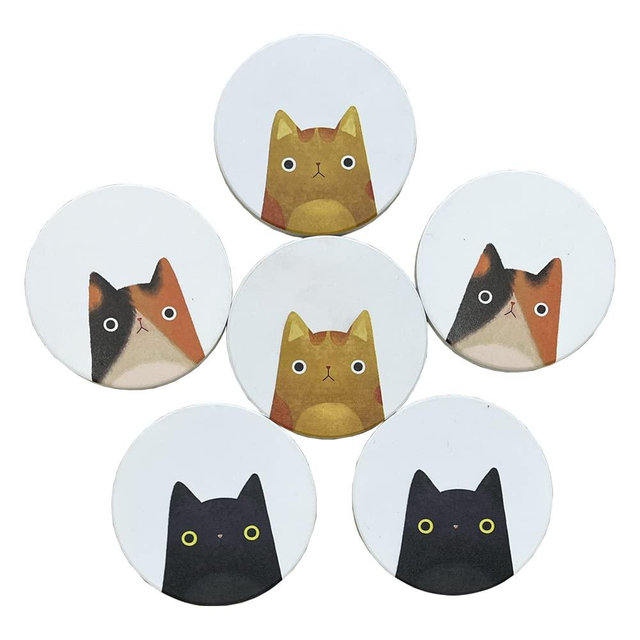DYNAIZER Coasters for Drink Absorbent Cute Animal Print Cup Coasters Set of 6 Water Absorbing Drink Coasters Set for Desk (Cat Design)