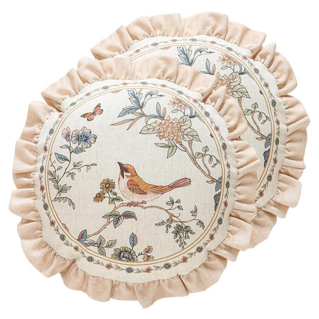 ISAENNE Design Round Floral Bird Linen Throw Pillow Covers Diameter 16" Pack of 2, Yellow Pink Cushion Covers with Flower Chinese Hwamei Decor Pillowcases for Bed,Living Room,Outdoor,Car