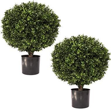 24" Tall 16” Round Artificial Topiary Ball Boxwood Trees (Set of 2) by Northwood Calliger | Highly Realistic Potted Shrubs for Indoor/Outdoor | UV Protected