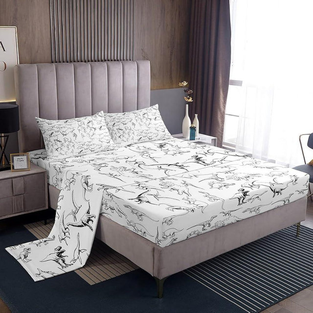 Feelyou Dinosaur Bed Sheets Set Queen Size 3D Digital Print Sheet Set for Kids Boys Girls Decor Jungle Dino Sheets with Deep Pocket Fitted Sheet Wild Animal Black and White Bedding Set Bedroom