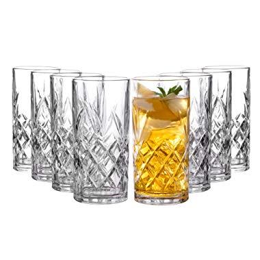 Clovelly Tall Highball Glasses Set of 8, 12 Ounce Cups, Textured Designer Glassware for Drinking Water, Beer, or Soda, Trendy and Elegant Dishware, Dishwasher Safe