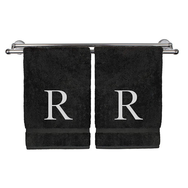 Monogrammed Hand Towel, Personalized Gift, Set of 2- White Block Letter Embroidered Towel - Extra Absorbent 100% Turkish Cotton - Soft Terry Finish - Initial R Black