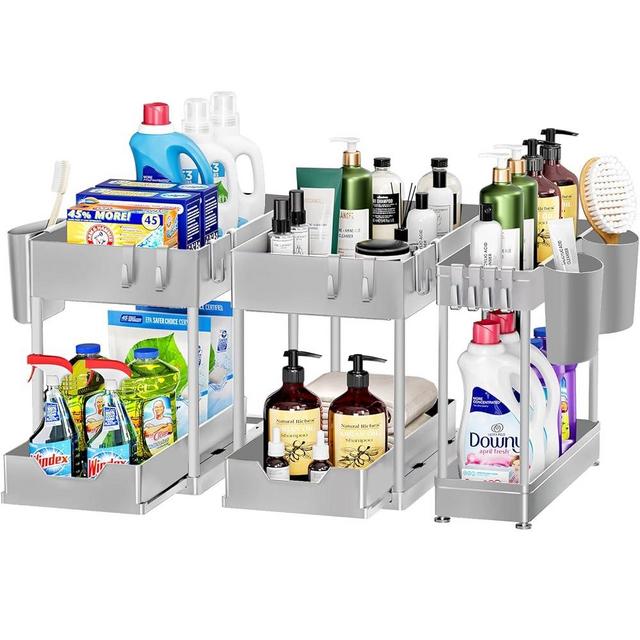 Puricon 3 Pack Under Sink Organizer, Pull Out Under Sink Storage for Kitchen, 2 Tier Sliding Under Sink Organizers and Storage Bathroom Under Cabinet Shelf for Cleaning Supplies -Grey