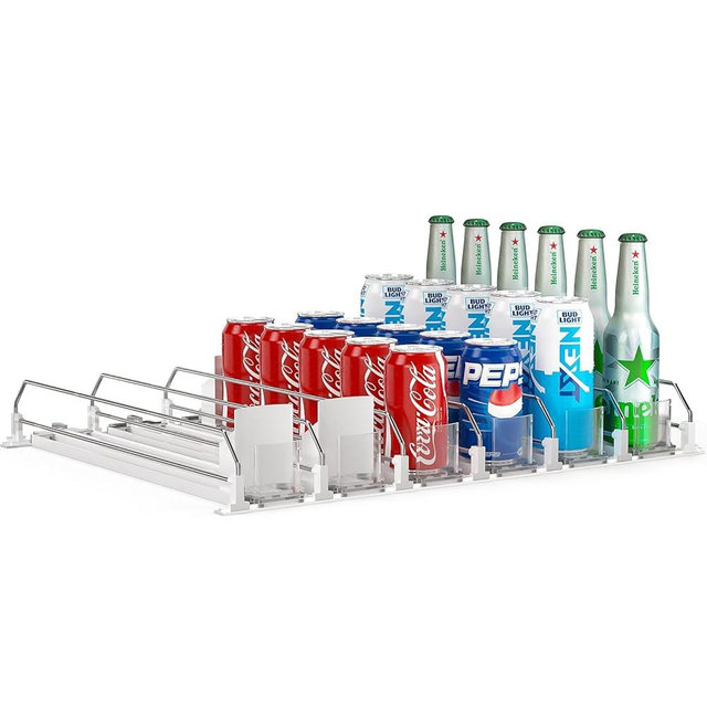Soda Can Dispenser for Refrigerator,Self-Pushing Drink Organizer for Fridge, Width Adjustable Fridge Organization, Beer Pop Can Water Bottle Drink Dispenser for Fridge (15.1" D) White (White, 6 Row)