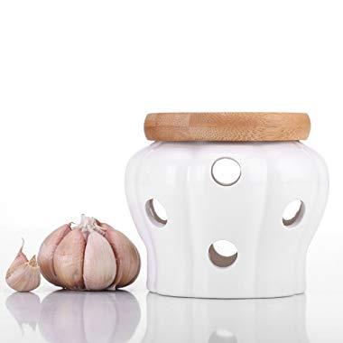 Garlic Keeper Vented Ceramic Storage Container White Stoneware with Bamboo Lid