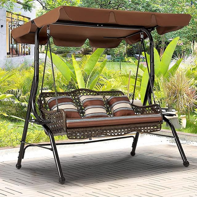 AECOJOY 3-Seat Outdoor Patio Swing Chair, Large Converting Canopy Porch Swing Glider, Hammock Lounge Chair for Porch, Rattan Wicker Steel Frame Cushion & Pillow, Brown