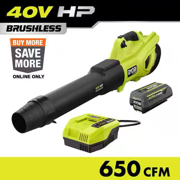 RYOBI 40V HP Brushless Whisper Series 160 MPH 650 CFM Cordless Battery Leaf Blower with 4.0 Ah Battery and Charger RY404014K