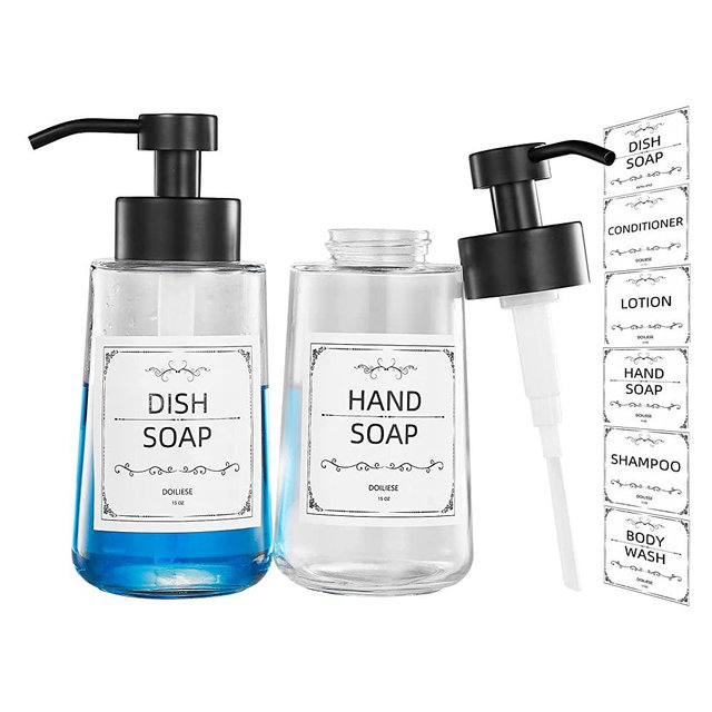 Glass Soap Dispenser with Matte Black Stainless Steel Pump, Anti-Rust Soap Dispenser Bathroom, 2 Pack Hand Soap Dispenser,15oz Bathroom Soap Dispenser Set with Waterproof Labels, Liquid Soap Dispenser