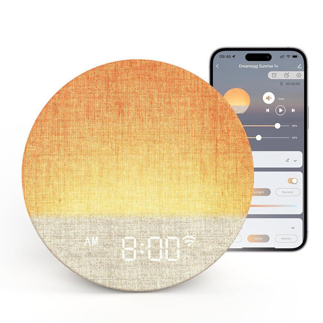 Dreamegg Sunrise 1+ Sound Machine, Sunrise Alarm Clock, Night Light, APP Control, Sleep Routines, Favorites Mode, 34 Soothing Sounds, White Noise Sound Machine, Wake Up Light for Bedrooms, Adults