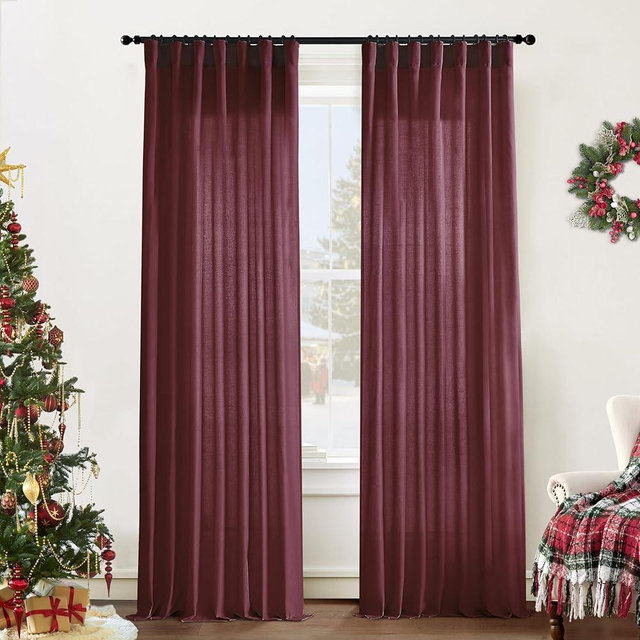 Maroon Wine Red Curtains 96 Inches Long for Living Room 2 Panels Set Linen Hooks Track Solid Regular Xmas Holiday Country Farmhouse Christmas Seasonal Themed Winter Curtains for Dining Room Bedroom