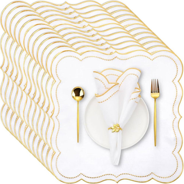 Hahafelt Cloth Napkins 18x18inches Scalloped Embroidery Cloth Napkins Washable Polyester Table Dinner for Hotel Restaurant Weddings Events Parties (Gold,12 Set)