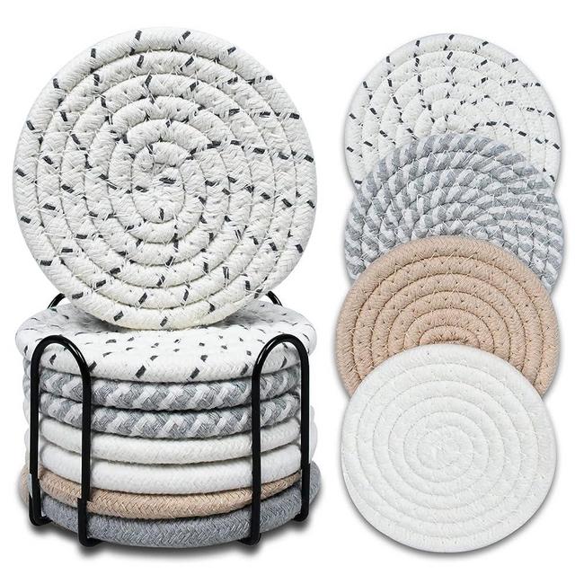 8 Pack Absorbent Coasters Drink Coasters with Holder, Cotton Woven Drink Coaster for Tabletop Protection,Suitable for Kinds of Cups, Wooden Table, Cool Home Decor