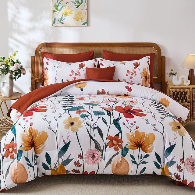 Anibedding 8Pieces Queen Comforter Set, Orange Watercolor Floral Queen Size Bed in a Bag Comforter Set with Pillowcase, Sheets for All Season