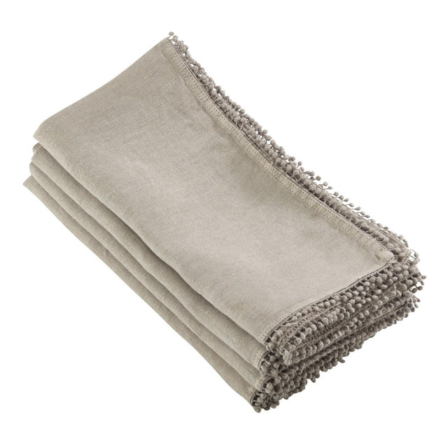 Saro Lifestyle 100% Linen Pompom Design Dinner Table Napkins , Beige, 20" x 20"