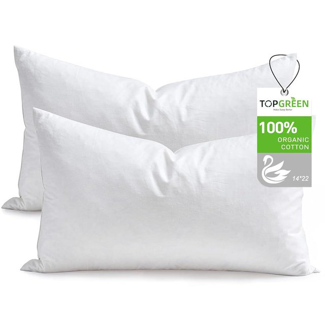 TOPGREEN Feathers Down Pillow Inserts 14x22, Set of 2, 100% Organic Cotton Shell, Soft Decorative Lumbar Pillow Insert for Living Room Sofa, Couch, or Bed (White)