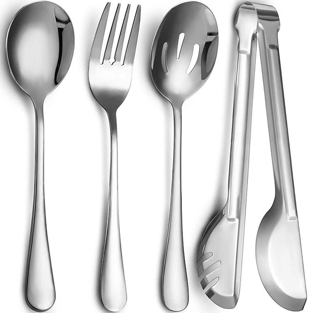 Stainless Steel Flatware Serving Utensils Large Serving Spoon Set of 9.45 Inch Metal Tongs 9 Inch Serving Forks 8.7 Inch Slotted Spoons 8.7 Inch Serving Spoons for Kitchen (Silver, 4)