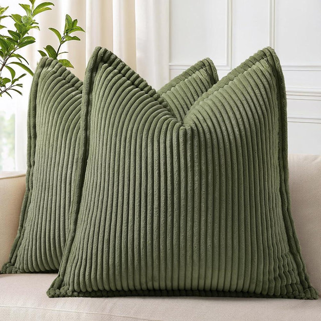 decorUhome Spring Corduroy Olive Green Throw Pillow Covers 22x22 Set of 2 Decorative Soft Boho Farmhouse Euro Couch Pillow Covers for Living Room Bed Sofa Broadside Striped Pillow Cases