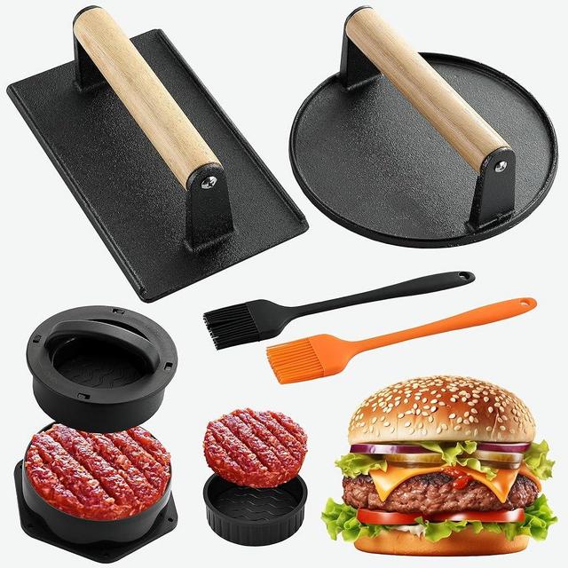 POLIGO 5PCS Smash Burger Press Kit - 4 in 1 Stuffed Burger Mold, 2PCS Cast Iron Burger Presses, Sauce Brushes Included - Non Stick Smash Burger Press Set for Grill and Griddle Cooking