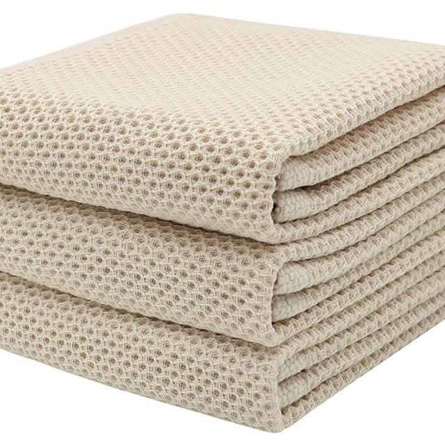 Mia'sDream Cotton Hand Face Head Towel Waffle Weave Kitchen Tea Towel Dish Towels, Soft and Absorbent Bath Guest Gym Towel Washcloths, 13inch x 28inch 3 Pack(Beige)